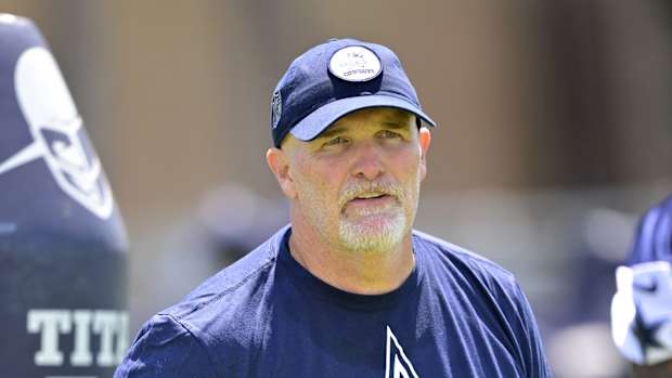 Jul 26, 2023; Oxnard, CA, USA; Dallas Cowboys offensive coordinator Dan Quinn watches over training camp drills at River Ridge Playing Fields in Oxnard, CA. Mandatory Credit: Jayne Kamin-Oncea-USA TODAY Sports  